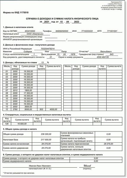 Пример заполнения 2-НДФЛ в 2021 году