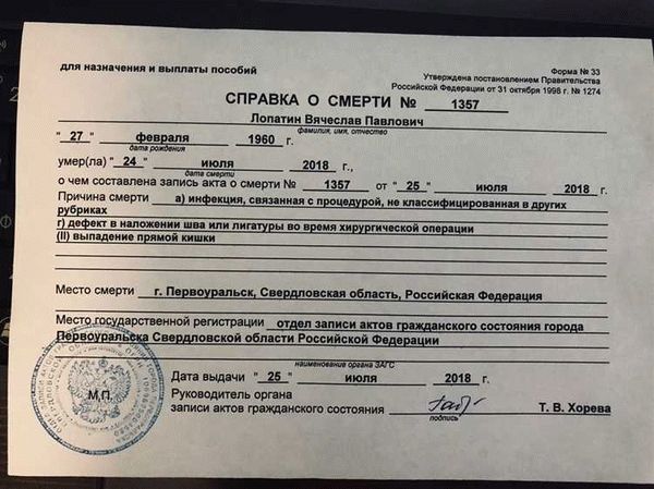 Паспорт о захоронении