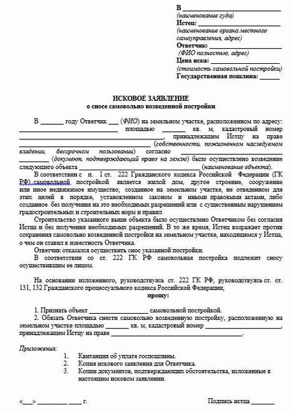 Порядок заполнения бланка искового заявления о сносе самовольно возведенной постройки