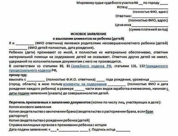 Исковое заявление о взыскании алиментов на ребенка