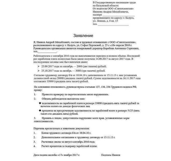 Стандартные требования к бланку жалобы в трудовую инспекцию на работодателя