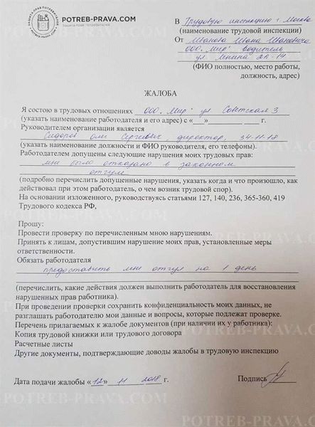 Что необходимо указать в образце жалобы в трудовую инспекцию на работодателя?