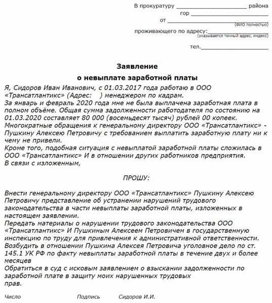 Пример оформления жалобы о невыплате заработной платы